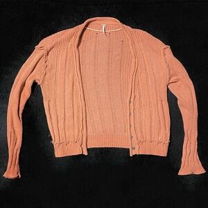 Free People XS Cardigan Sweater Peach Coral Ribbed Knit Distressed Bohemian